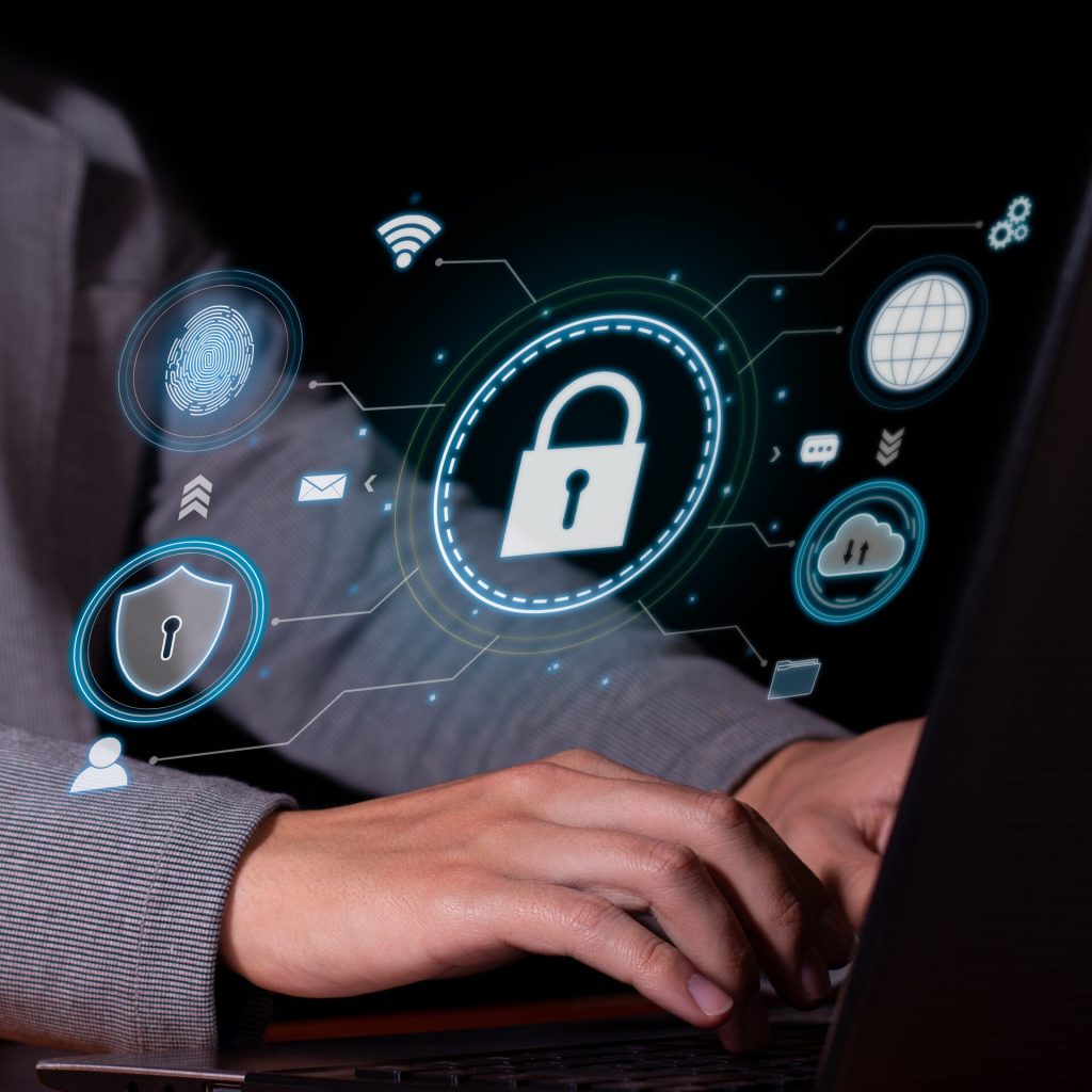 Vertical image of Advanced Cybersecurity: Encryption and Digital Data Protection, Biometric Authentication and Cloud Protection.